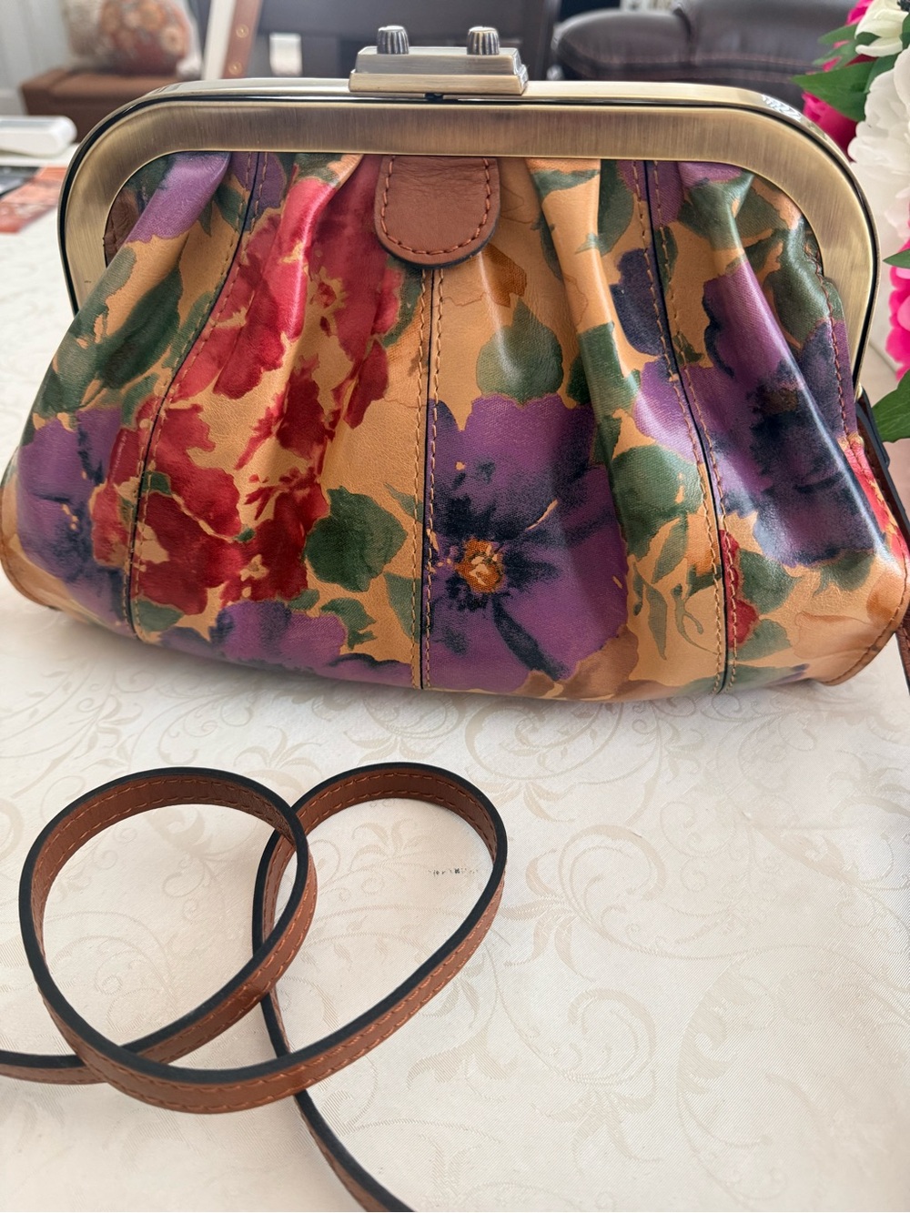 Patricia Nash Floral Frame-Top Clutch in Purple, Red & Tan